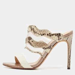 Alexandre Birman Beige/Brown Patent Leather And Python Open Toe Slide Sandals Size 37