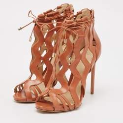 Alexandre Birman Brown Cut-Out Leather Loretta Cage Ankle Boots Size 37