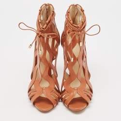 Alexandre Birman Brown Cut-Out Leather Loretta Cage Ankle Boots Size 37