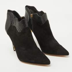 Alexander Birman Black Suede and Python Pointed Toe Ankle Booties Size 41