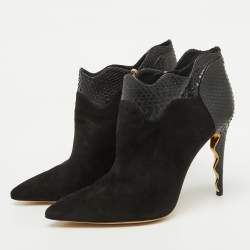 Alexander Birman Black Suede and Python Pointed Toe Ankle Booties Size 41
