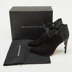 Alexander Birman Black Suede and Python Pointed Toe Ankle Booties Size 41