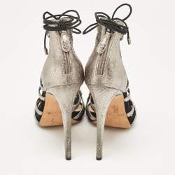 Alexandre Birman Metallic Python Embossed Leather Strappy Ankle Tie Sandals Size 38.5