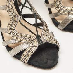 Alexandre Birman Metallic Python Embossed Leather Strappy Ankle Tie Sandals Size 38.5