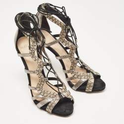Alexandre Birman Metallic Python Embossed Leather Strappy Ankle Tie Sandals Size 38.5