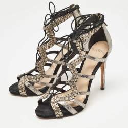 Alexandre Birman Metallic Python Embossed Leather Strappy Ankle Tie Sandals Size 38.5