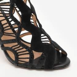 Alexandre Birman Black Python Embossed Leather and Suede Caged Sandals Size 39.5