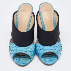 Alexandre Birman Light Blue/Black Python Leather and Neoprene Mules Size 37