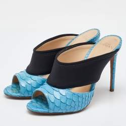 Alexandre Birman Light Blue/Black Python Leather and Neoprene Mules Size 37