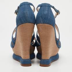 Alexandre Birman Blue Denim Fabric Wedge Sandals Size 37.5