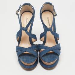 Alexandre Birman Blue Denim Fabric Wedge Sandals Size 37.5