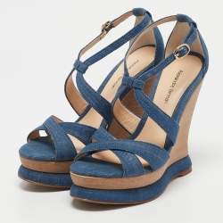 Alexandre Birman Blue Denim Fabric Wedge Sandals Size 37.5