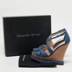 Alexandre Birman Blue Denim Fabric Wedge Sandals Size 37.5