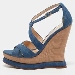 Alexandre Birman Blue Denim Fabric Wedge Sandals Size 37.5