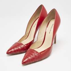 Alexandre Birman Red Leather and Python Leather Pointed Toe Pumps Size 40