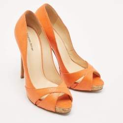 Alexandre Birman Orange Raffia Peep Toe Pumps Size 39.5