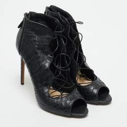 Alexandre Birman Black Python Leather Peep Toe Lace Up Pumps Size 40