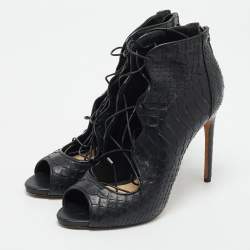 Alexandre Birman Black Python Leather Peep Toe Lace Up Pumps Size 40