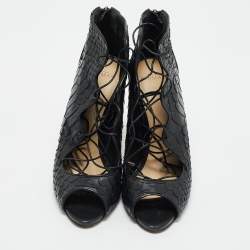 Alexandre Birman Black Python Leather Peep Toe Lace Up Pumps Size 40