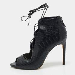 Alexandre Birman Black Python Leather Peep Toe Lace Up Pumps Size 40