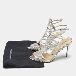 Pre Owned Alexandre Birman Silver Snakeskin Embossed Leather Caged Ankle Wrap Sandals Size 41