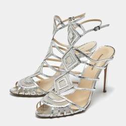 Pre Owned Alexandre Birman Silver Snakeskin Embossed Leather Caged Ankle Wrap Sandals Size 41