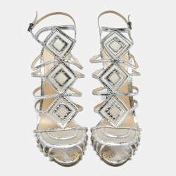 Pre Owned Alexandre Birman Silver Snakeskin Embossed Leather Caged Ankle Wrap Sandals Size 41