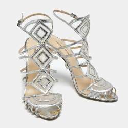 Pre Owned Alexandre Birman Silver Snakeskin Embossed Leather Caged Ankle Wrap Sandals Size 41