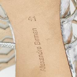 Pre Owned Alexandre Birman Silver Snakeskin Embossed Leather Caged Ankle Wrap Sandals Size 41