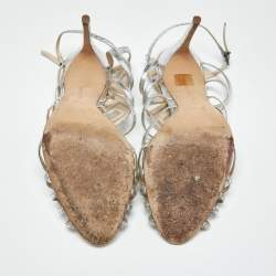 Pre Owned Alexandre Birman Silver Snakeskin Embossed Leather Caged Ankle Wrap Sandals Size 41