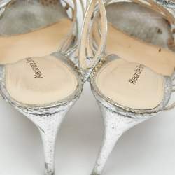 Pre Owned Alexandre Birman Silver Snakeskin Embossed Leather Caged Ankle Wrap Sandals Size 41