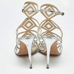 Pre Owned Alexandre Birman Silver Snakeskin Embossed Leather Caged Ankle Wrap Sandals Size 41