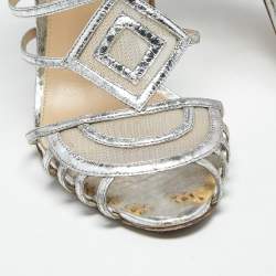 Pre Owned Alexandre Birman Silver Snakeskin Embossed Leather Caged Ankle Wrap Sandals Size 41