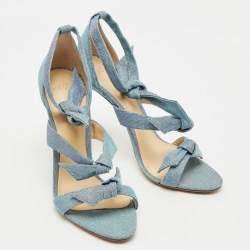 Pre Owned Alexandre Birman Blue Metallic Lurex Fabric Lolita Knot Ankle Strap Sandals Size 39