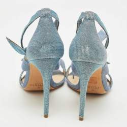Pre Owned Alexandre Birman Blue Metallic Lurex Fabric Lolita Knot Ankle Strap Sandals Size 39