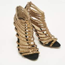Pre Owned Alexandre Birman Gold Python Embossed Leather Caged Zipper Sandals Size 40