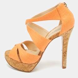 Pre Owned Alexandre Birman Size 37 Orange Canvas Cork Platform Ankle Strap Sandals