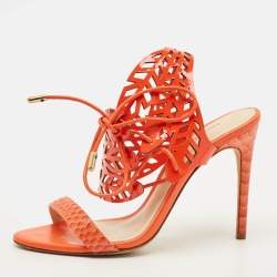 Pre Owned Alexandre Birman Size 36 Orange Patent Leather and Python Leather Ankle Strap Sandals