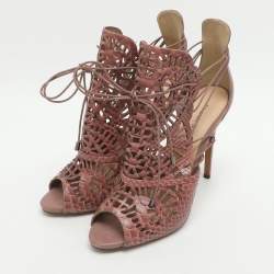 Pre Owned Alexandre Birman Size 40 Beige Python and Leather Laser Cut Tie Up Sandals