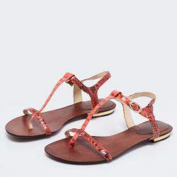 Alexandre Birman Red Python Leather T Strap Flat Sandals Size 38.5