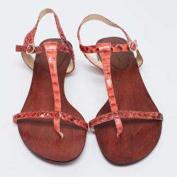 Alexandre Birman Red Python Leather T Strap Flat Sandals Size 38.5