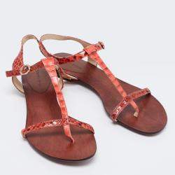 Alexandre Birman Red Python Leather T Strap Flat Sandals Size 38.5