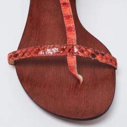Alexandre Birman Red Python Leather T Strap Flat Sandals Size 38.5