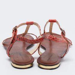 Alexandre Birman Red Python Leather T Strap Flat Sandals Size 38.5