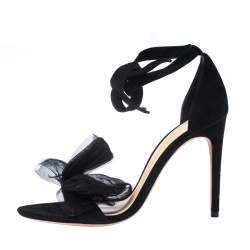 Alexandre Birman Black Suede Clarita Bow Ankle Wrap Sandals Size 38.5
