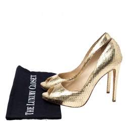 Alexandre Birman Metallic Gold Python Leather Peep Toe Pumps Size 38