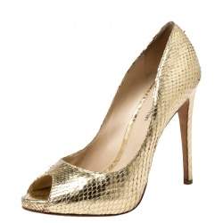 Alexandre Birman Metallic Gold Python Leather Peep Toe Pumps Size 38