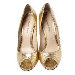 Alexandre Birman Metallic Gold Python Leather Peep Toe Pumps Size 38