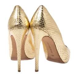 Alexandre Birman Metallic Gold Python Leather Peep Toe Pumps Size 38
