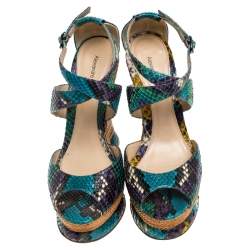 Alexandre Birman Multicolor Python Leather Wedge Platform Ankle Strap Sandals Size 37